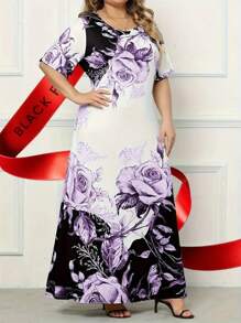Plus Size Floral Print Dress, Elegant Short Sleeve Round Neck Pocket Dress, Suitable For Spring/Summer, Women Plus Size Clothing