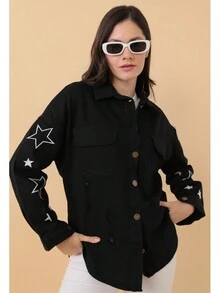 Asist, Women Long Sleeve, Embroidery Details, Snap Button, Front Placket, Collar Neck Details, Flap Pocket - Black - View 5