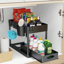 Organizador deslizante de 2 niveles con canastas, bastidor de almacenamiento con ganchos para colgar tazas, organizador de baño y cocina debajo del fregadero
