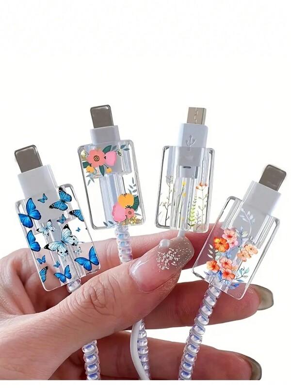 4pcs/Set Butterfly & Flower Design Cable Protector Compatible With IPhone Chargers 18-20W, Prevent Breaking Charger Protector
