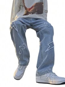 Men's Jeans Crossbody Patch Jeans Men's Loose Jeans Distressed Men's Jeans Harajuku Men's Jeans - 淺色水洗藍 - 查看 3