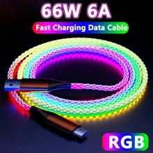 Cable de carga rápida RGB de 6A 66W con luz de respiración, cable de datos USB Tipo C de 66W compatible con carga rápida USB Tipo C de 30W de Samsung