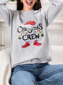 Women's Christmas Sweatshirt Long Sleeve Crewneck Letter Santa Hat Print Pullover - Grey - View 4