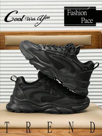 Men Fashion Simple Lace Up Stitching Platform Casual Sneakers, Solid Color Mesh Sporty Casual Shoes For Teenagers, Comfortable Daily Athletic Shoes