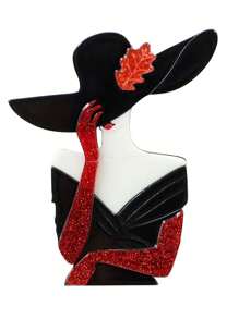 1pc Handmade Retro Modern Woman With Hat Acrylic Brooch, Vintage Cartoon Character Portrait Pins
