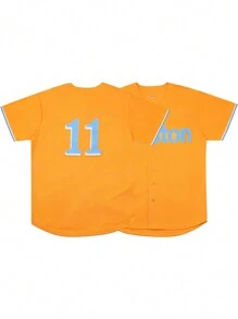 Maglia da baseball gialla n°11 da uomo, casual a maniche corte, con ricamo e cucitura, scollo a V e bottoni, adatta per feste e sport