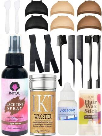  19 件发蜡套装，防水蕾丝假发胶（包括浅棕色蕾丝染色喷雾、75g IKT 发蜡棒、蕾丝胶、2 条松紧带、2 个发刷、2 个发梳、2 个白色勺子配件、1 个边缘修饰梳、3 种颜色假发帽各 2 个、15g 发蜡棒）