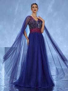 DELLA COUTURE Navy Blue Mesh Evening Dress With Long Fluttering Sleeves To Show Modest Elegant, Beaded Decorations To Add Charm, Sexy V-Neck Exquisite Fashion, Women's Slim Body Highlighting The Figure, Suitable For Parties, Dinners, Weddings And Other Formal Occasions, As Beach Outfits For Woman In The Seaside Vacation Wear Is Also Outstanding, Large Swing Long Cocktail Heavy Dresses To Meet The Needs Of The Prom Guests, Party Dress - Royal Blue - View 7