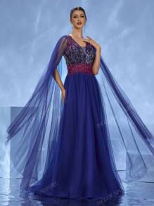 DELLA COUTURE Robe de soirée en maille bleu marine avec des manches longues et volantes pour un look élégant et modeste. Décorations perlées pour ajouter du charme. Encolure en V sexy et exquise. Met en valeur la silhouette féminine. Convient aux soirées, dîners, mariages et autres occasions formelles. Peut également être portée comme tenue de plage pour les vacances au bord de . Grande robe de cocktail longue et ample pour répondre aux besoins des invités au bal de promo, robe de fête