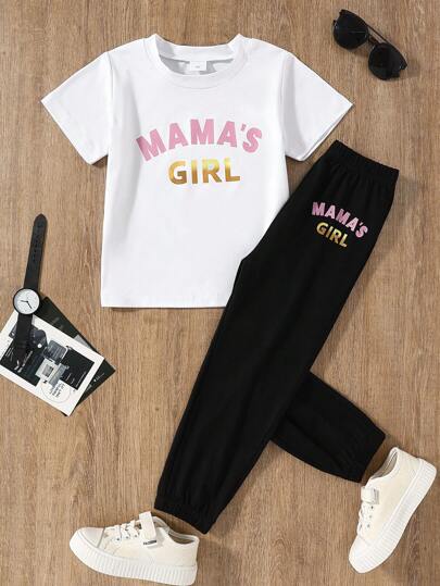 3-7岁小女孩夏季短袖T恤/黑色裤子套装，“MAMA'S GIRL”图案印花服装