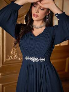 Women's Spring And Autumn Elegant Rhinestone Decorative Pleated Long Dress - Blue - View 4