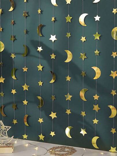 2pcs- 4m Gold Stars Moon Garland Decoration, Hanging Garland Streamer Banner Background Twinkle Little Star Party Decorations, Birthday Party Decorations, Graduation Decorations, Wedding Engagement Decorations