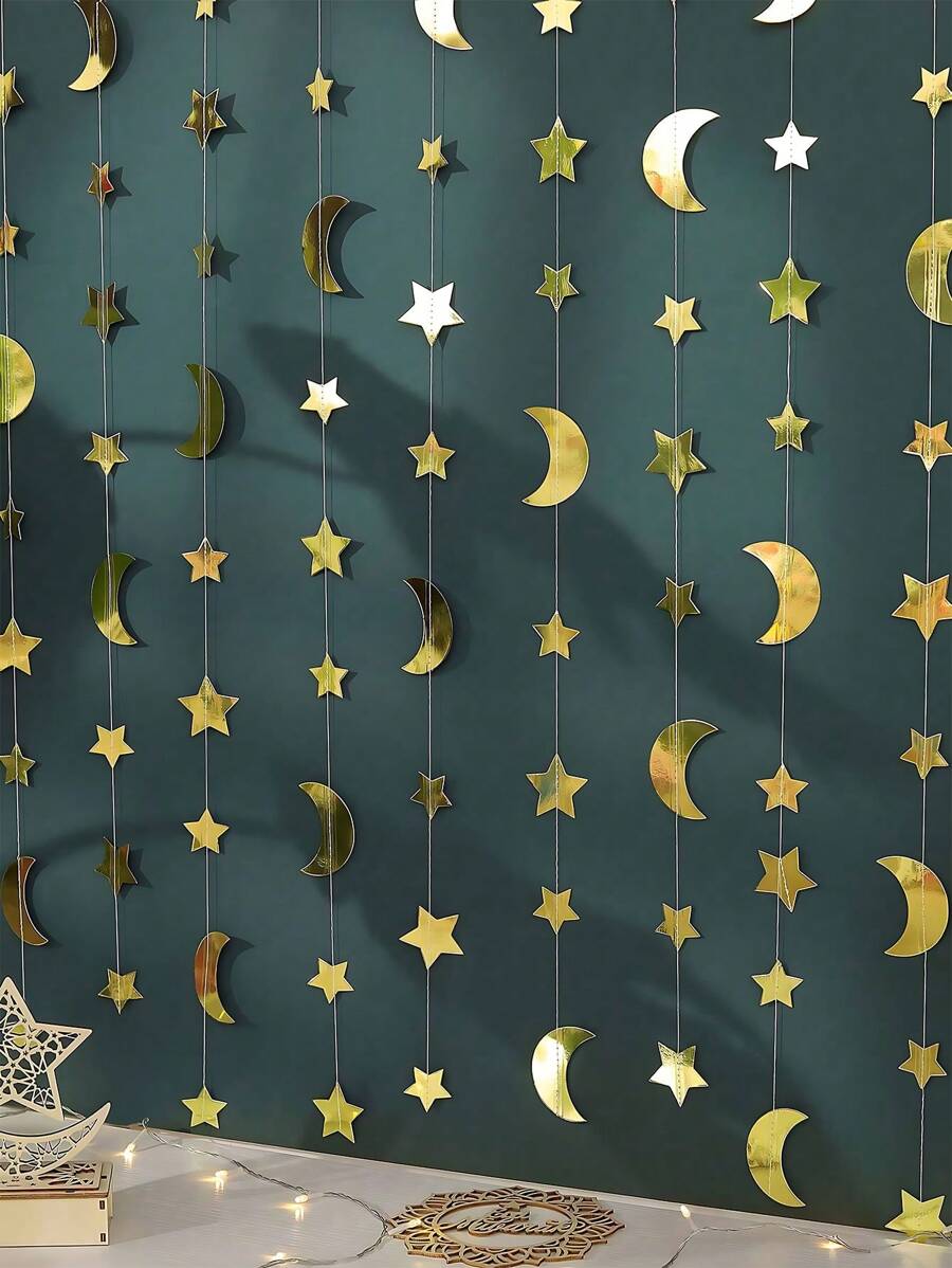 2 chiếc- Vòng hoa mặt trăng sao vàng 4m trang trí, Vòng hoa treo nền biểu ngữ lấp lánh ngôi sao nhỏ trang trí tiệc, trang trí tiệc sinh nhật, trang trí tốt nghiệp, trang trí đính hôn đám cưới