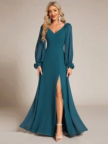 Spring Split Sleeve Split Thigh Chiffon Teal Blue Bridesmaid Dress For Wedding - Teal Blue - View 6