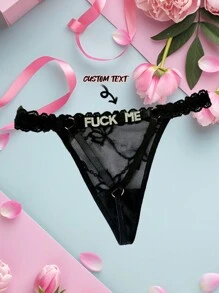 Customized Sexy Lace Heart-Shaped Thong, Personalized Sexy Women's Lingerie, Sexy Bowknot Thong With Custom Letters, Customized Sexy Women's Intimate Apparel, Customized Wedding Gift, Bridal Lingerie, Anniversary Gift, Valentine's Day Gift, Birthday Gift, Wedding Gift, Gift For Her/Girlfriend/Wife - Black - View 1