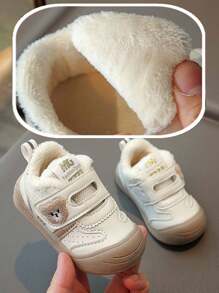 1 par de zapatos deportivos casuales para niños pequeños con forro cálido, decoración de oso, suela suave antideslizante, adecuados para el invierno
