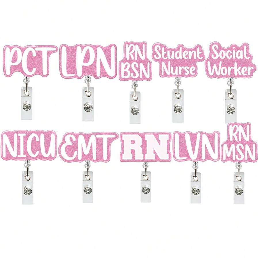 1 件粉色亚克力可扩展旋转鳄鱼夹徽章卷轴，带英文文字，学生/护士证件夹，学校用品，返校 - 彩色 - 查看 1