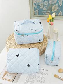 1 Pieza Conjunto de bolsa de maquillaje acolchada con moño, bolsa de cosméticos portátil grande y linda de gran capacidad, organizador de artículos de tocador para viajes, bolsa de maquillaje esponjosa de mano, estuche para productos de cuidado de la piel, esencial para cruceros, necesario para dormitorios, regalo para dama de honor de boda, regalo para mamá, regalo de cumpleaños, regalo para amigos, regalo para maestros, decoración del hogar