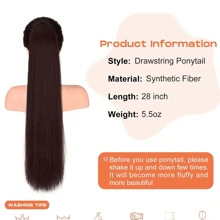 Ponytail Hair Extension Drawstring Long Straight Clip-In Ponytail Natural Soft Synthetic Heat Resistant Wig 32 Inch 165g Black, #4 - Natural Black - View 3