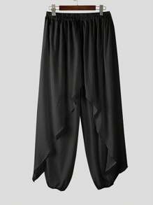 Fashion Men Elastic Waist Ruffles Casual Loose Wide Leg Trousers Bottoms Holiday Party Palazzo Culotte Long Pants - Black - View 4