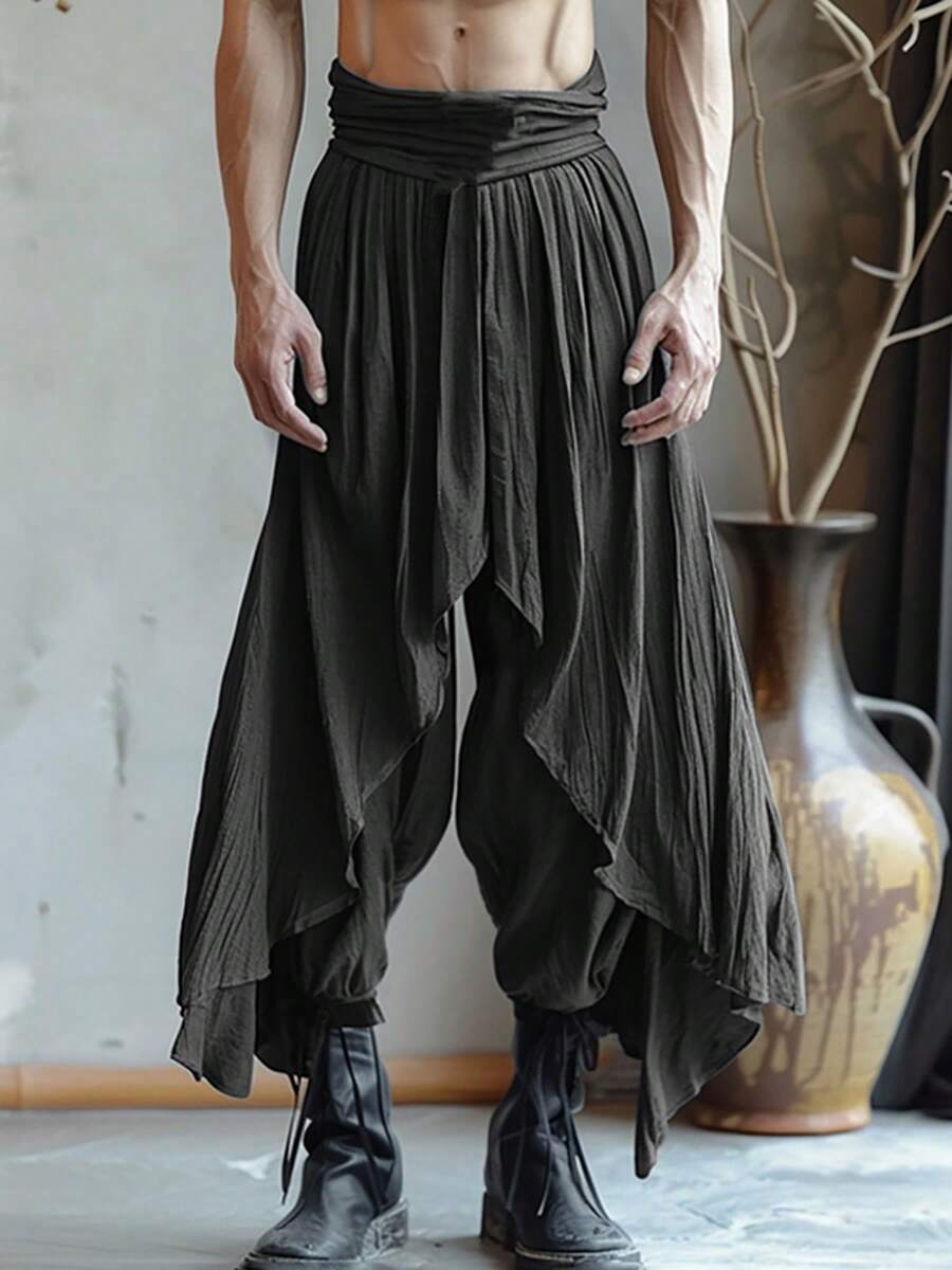 Fashion Men Elastic Waist Ruffles Casual Loose Wide Leg Trousers Bottoms Holiday Party Palazzo Culotte Long Pants - Black - View 1