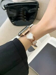 1 件兼容 表带兼容 表带女款，金色时尚金属镶嵌黑色爱心贝母智能表带，兼容 38/40/41/42/44/45/46/49mm，兼容 Series Ultra/SE/10/9/8/7/6/5/4/3/2/1，长度无需工具即可调节，可爱贴心的商务运动金属手链，黑金配色非常高级 - 白玫 - 查看 11
