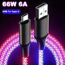 Cable de carga rápida RGB de 6A 66W con luz de respiración, cable de datos USB Tipo C de 66W compatible con carga rápida USB Tipo C de 30W de Samsung
