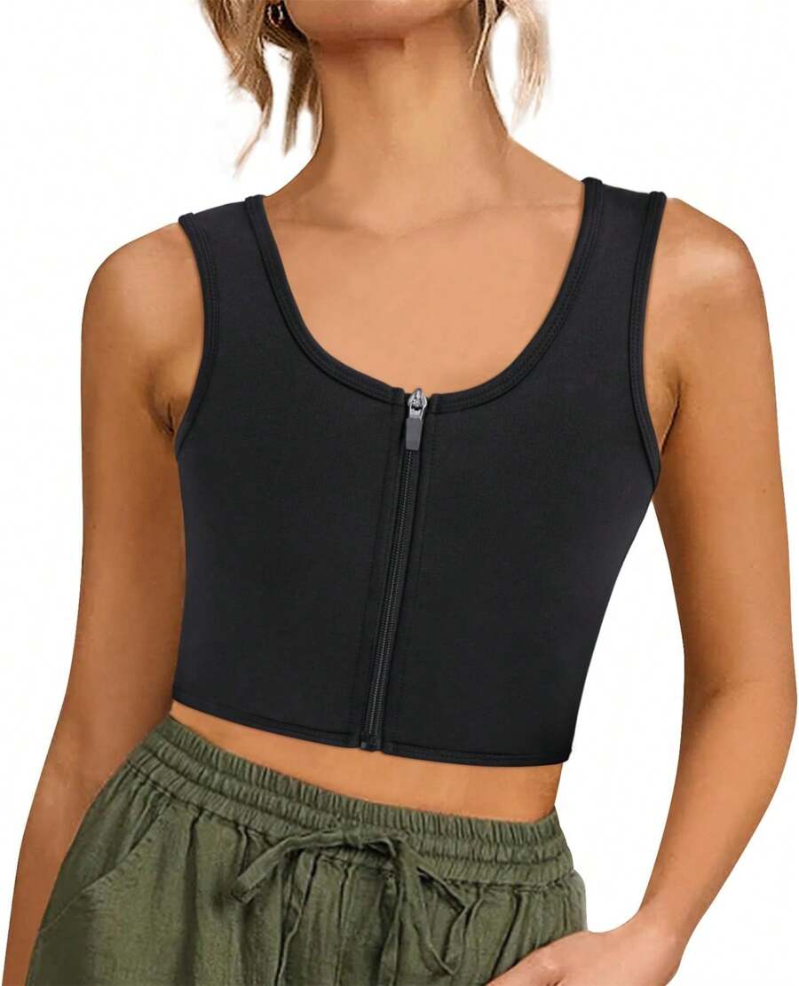 Women Chest Binder Bra Bustier For Transgender FTM Short Corset Zip Up Elastic Binder Trans Tank