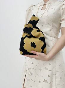 lulu kewen 女款迷你手提包 花卉圖案鉤編包 時尚背心式托特包 輕量透氣 可折疊 度假包 沙灘包 - 黑色 - 查看 4
