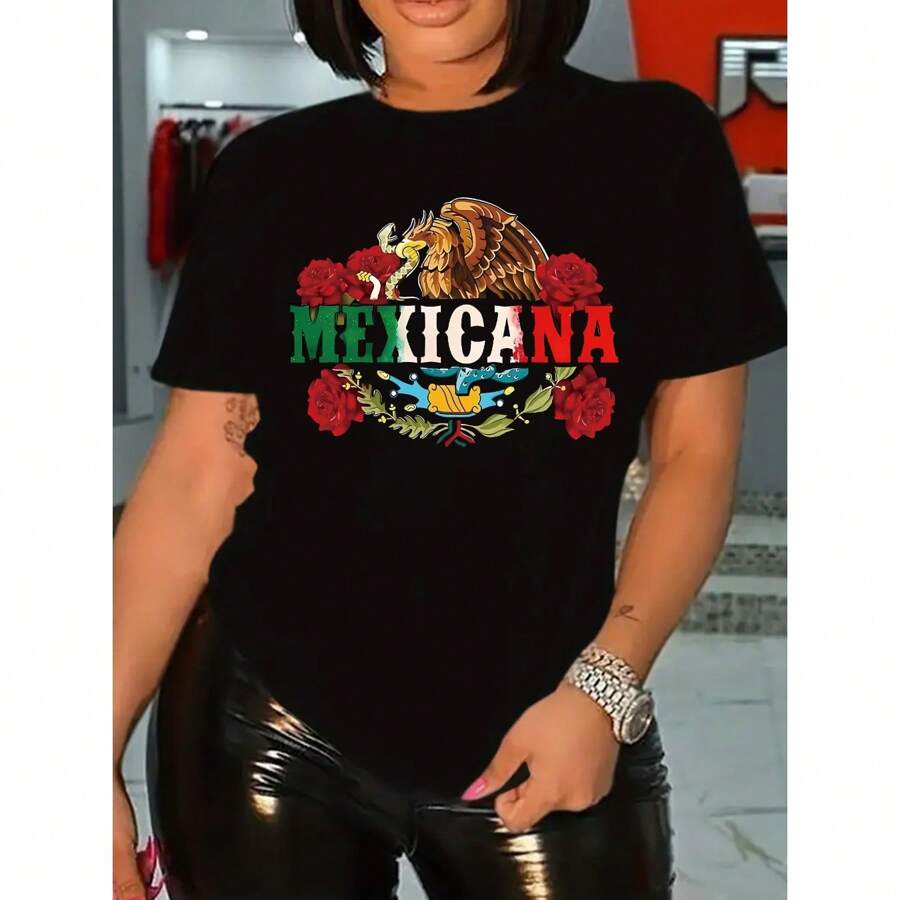 Vibrant Mexican Print Short Sleeve Crew Neck T-Shirt - Soft Micro 100% Cotton, Machine Washable, Regular Length, Casual Drawing Print Top For Women - Perfect For Summer And Spring - màu đen - Xem 1