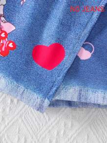 [Not Denim, 3D Printed Fabric] Young Girl Fashion Simulated Denim Asymmetrical Distinctive Printed Skort, Baby Elastic Waist Shorts, Outdoor Sports Summer