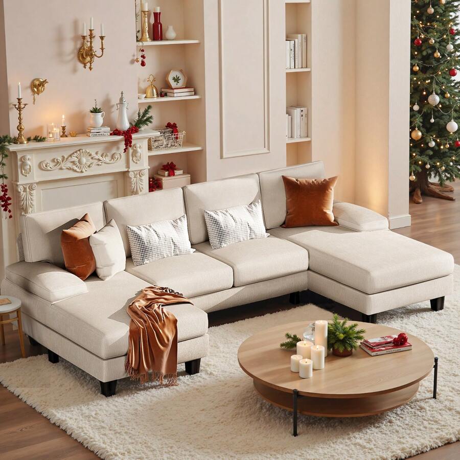 Sectional Sofa Couches For Living Room, U Shaped Modular Sectional Sofa, Convertible Sofa Bed 6 Seats Sectional Sleeper Sofa Comfy Couch With Adjustable Backrest - Beige - View 1
