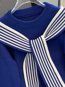 Women's Solid Color Long Sleeve Round Neck Sweater, Fashion Casual Navy Style Striped Contrast Color Scarf Decor Loose Knit Pullover