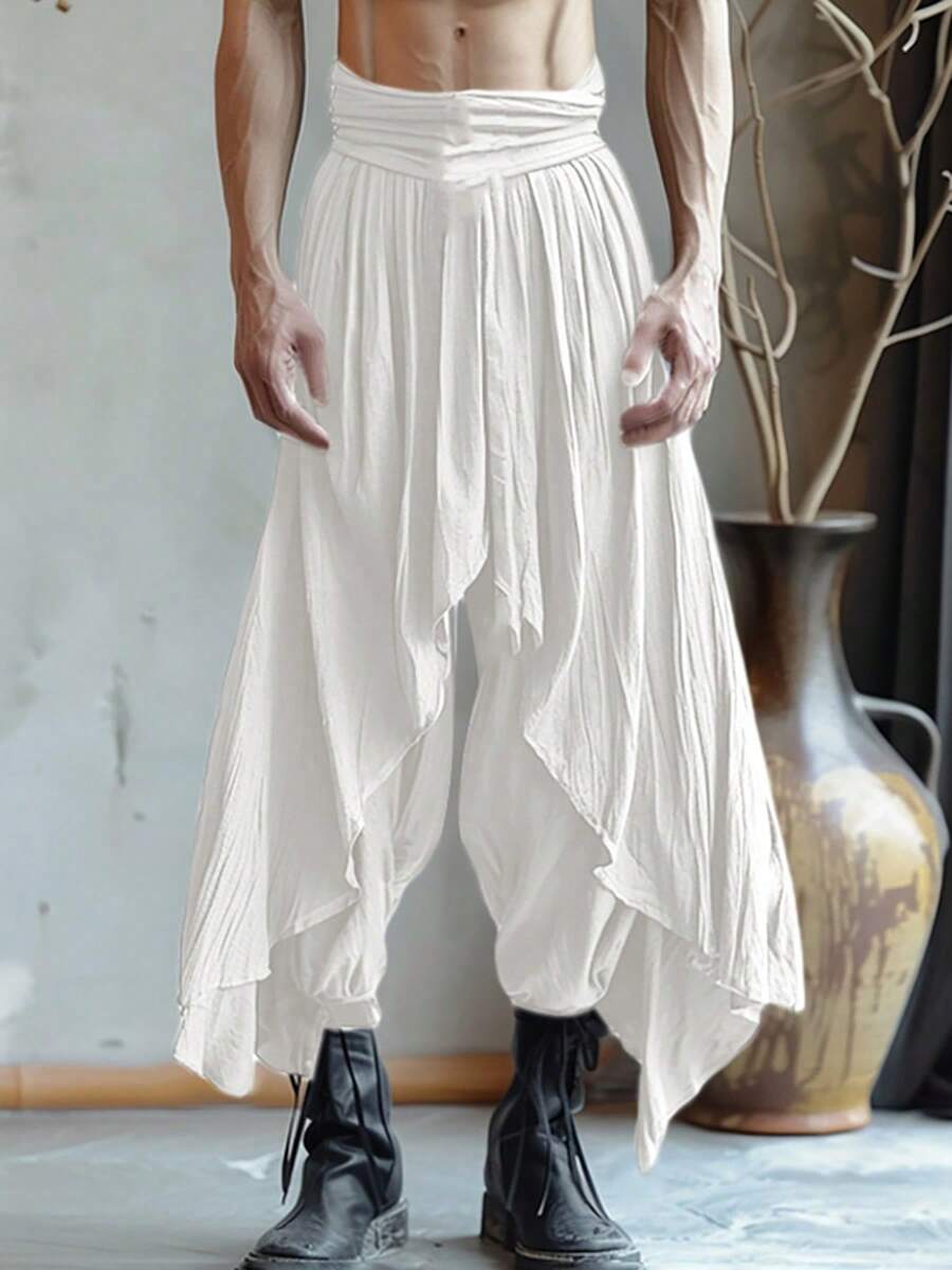 INCERUN Fashion Men Elastic Waist Ruffles Casual Loose Wide Leg Trousers Bottoms Holiday Party Palazzo Culotte Long Pants - 白色 - 查看 1