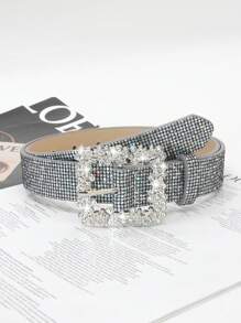 1pc Women's Crystal Embellished Buckle Shiny Sequin PU Leather Belt, Elegant And Casual For Dress And Outfit Pairing Valentines Summer, School