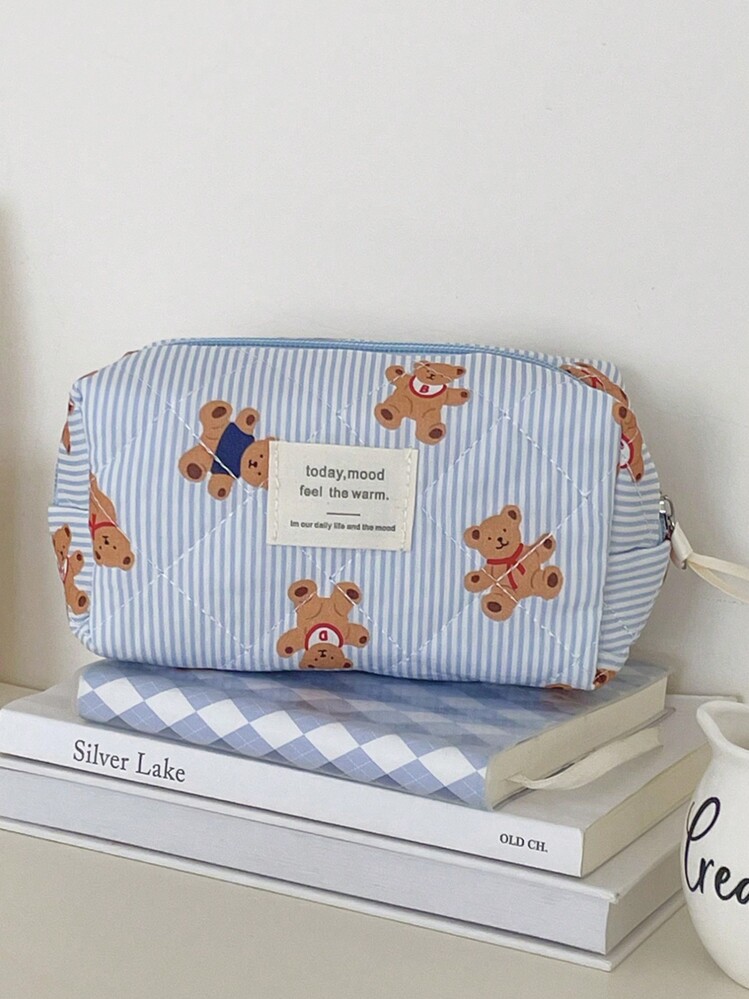 1 件/套可爱熊图案大容量多功能化妆包，旅行化妆包，女孩化妆包，返校钱包袋便携式化妆品刷收纳包带拉链封口夏季旅行，度假家居浴室装饰节日化妆品收纳浴室配件 - 藍色 - 查看 4