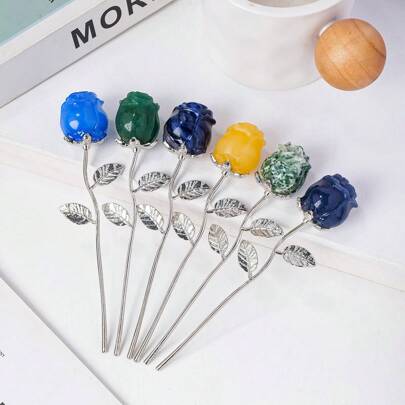 1 PIEZA Estatua de flores de cuarzo rosa natural, artesanía de cristal, piedra curativa, varilla de oro de flor de rosa para regalo de San Valentín, Día de la Independencia, mujeres, padres, papá