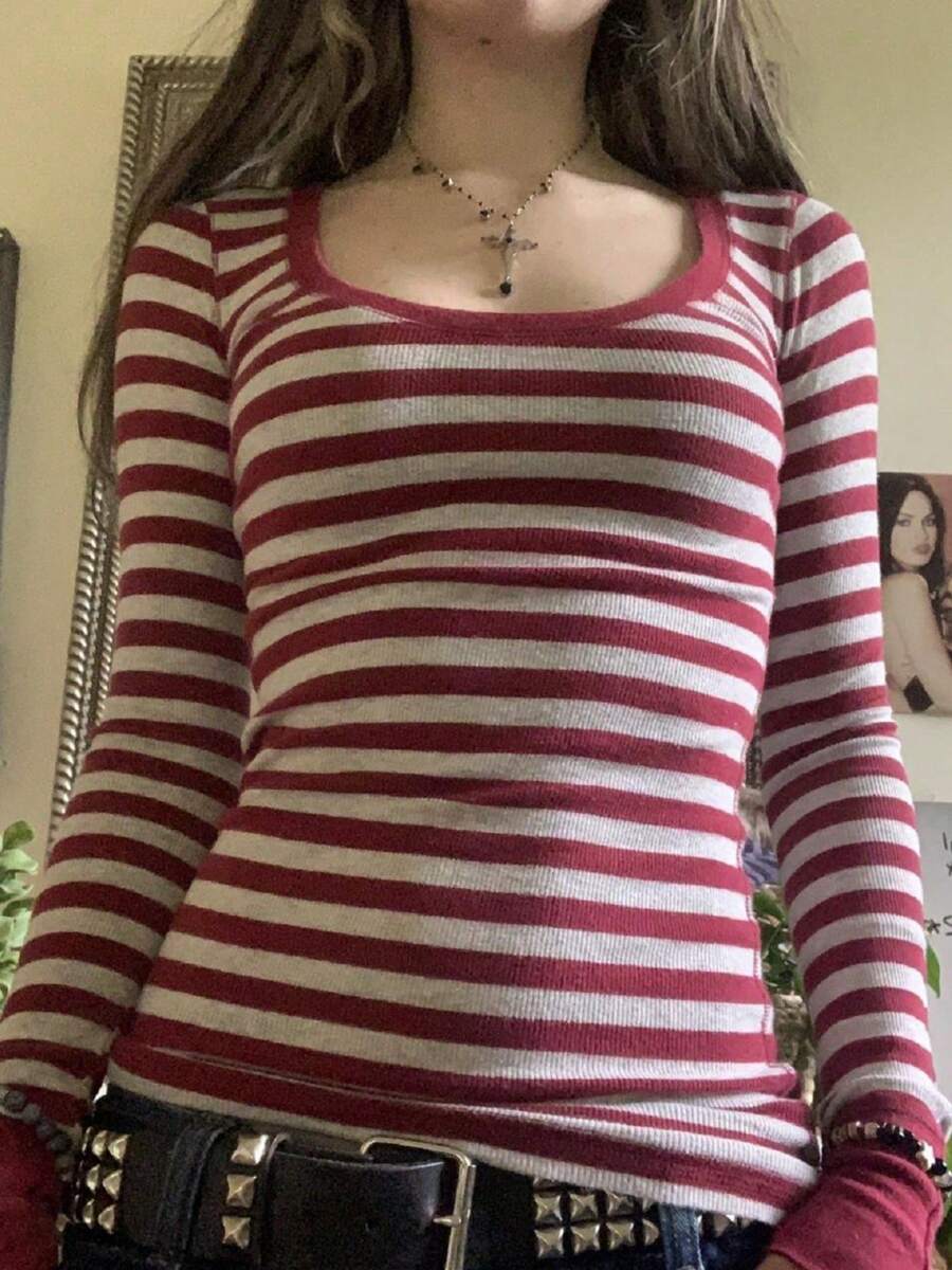 Women Y2k Fairy Grunge Striped Sweater Tops Goth E-Girl Long Sleeve Crewneck Knit Shirts Pullover Top Spring Fall Slim Fit Going Out Tops Vintage Aesthetic Tees - Đỏ - Xem 1
