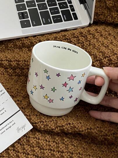 1pc/11oz Cartoon Colorful Star Cup, Ceramic Mug With Handle, Women Office Cup, Reusable Hot & Cold Drinking Cold Brew Coffee Cups, Breakfast Milk Cups, Juice Cup, Cups Gifts For Women, Best Birthday Gift For Her/Him, Mother's Day, Christmas, Valentine's Day Gifts Back To School