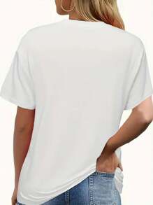 Women's Lip Print T-Shirt, Summer Women's Fashion, Casual, Comfortable, Soft, Daily Outdoor Sports, Fitness, Breathable Round Neck Short Sleeve T-Shirt - White - View 3