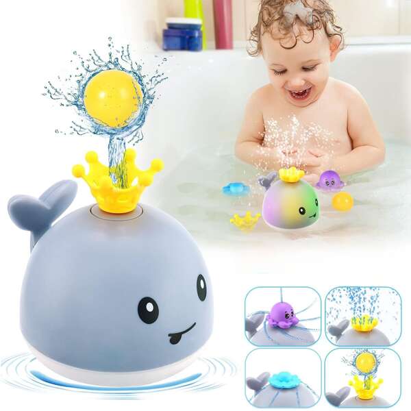 Juguete de baño de ballena bebé mejorado con 4 modos de rociado, rociador de ducha de ballena, juguete de baño con luz, fuente iluminada para bañera para niños pequeños, fuente con rocío de ballena para piscina, bañera y ducha, adecuado como regalo de cumpleaños, ducha o piscina para bebé, niño o niña (color del accesorio aleatorio, baterías no incluidas)