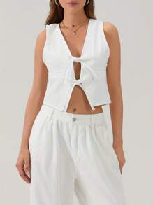 Camisetas sin mangas de mezclilla para mujer, ajustadas, con escote en V profundo y lazo frontal, de color liso, para verano - Blanco - Ver 6