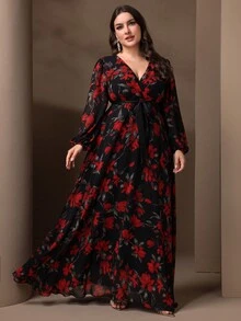 Plus-Size Elegant Flower Print Lantern Sleeve Ultra Long Dress - Multicolor - View 4