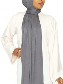 1pc Soft Solid Color Hijab Scarf, Jersey Knit Long Headscarf For Women - Dark Grey - View 3
