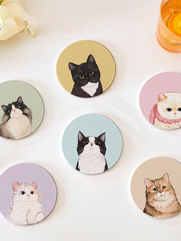 1pc Bonito Criativo Bonito Desenho Animado Gato Absorvente Coasters Set - Tapetes de Copo Resistente ao Calor para Casa, Chá da Tarde, Café - Presente de Festival Perfeito