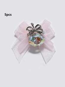 QPRETTY DU 5 piezas de adorno de uñas con doble lazo de cristal, gota cuadrada gruesa blanca y rosa, con terminado de malla doble y perforación