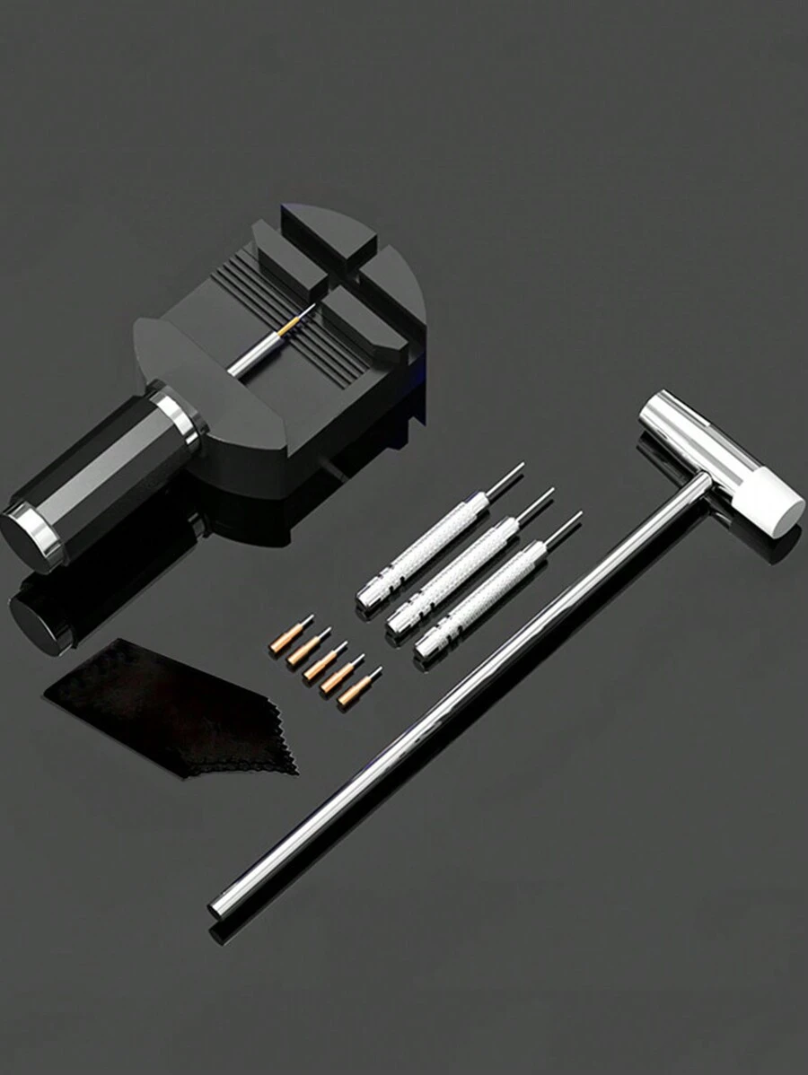 11 件手表链拆卸工具套件通用表带工具表带链销拆卸器维修工具套件用于表带调整手表配件，手表维修工具手表链带缝表带手链链销拆卸器调节器工具套件适用于专业钟表匠 - 黑色 - 查看 1