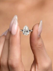 1枚925纯银闪亮梨形切割0.5/1/2/4克拉订婚戒指、结婚戒指、女士承诺戒指、永恒戒指、精致珠宝礼品 - 銀色 - 查看 9