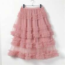 Women's Tulle A-Line Long Skirt High Waist Sheer Mesh Tiered Ruffled Skirt For Summer, Spring - Dusty Pink - View 5
