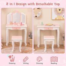 Lifezeal Kids Vanity Table & Stool Set With Cute Polka Dot Print Tri-Folding Mirror Drawer Pink&White/Light Pink&White/Pink&Black/Blue/Pink - 粉色 - 查看 7